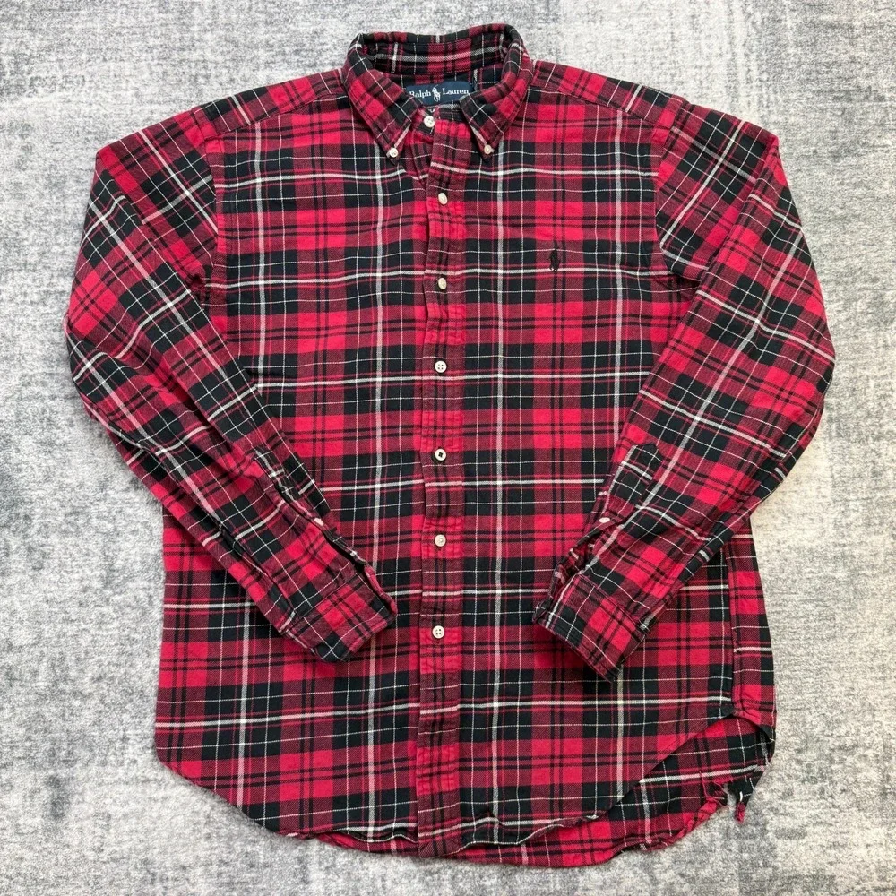 VTG Polo Ralph Lauren Shirt Mens Medium Red Tartan Plaid Heavy Cotton Flannel